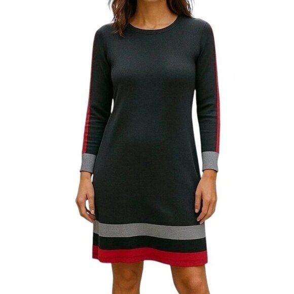 Vince Camuto Sweater Dress Size M Dark Light Gray Pink Striped Hem Long Sleeve - Picture 1 of 8